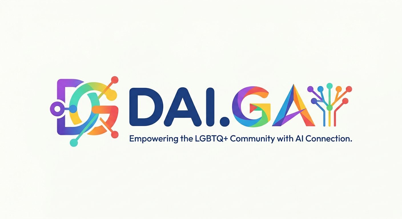 DAI.GAY logotype with spectrum letterforms and circuit branches